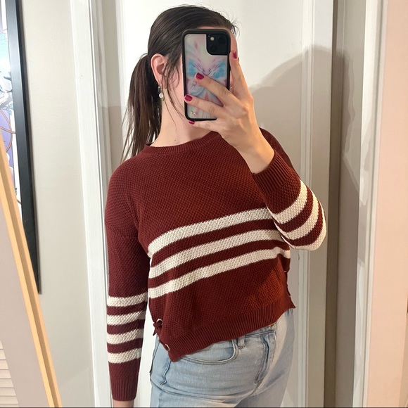 burgundy cropped lace up knit striped sweater L - Picture 1 of 7